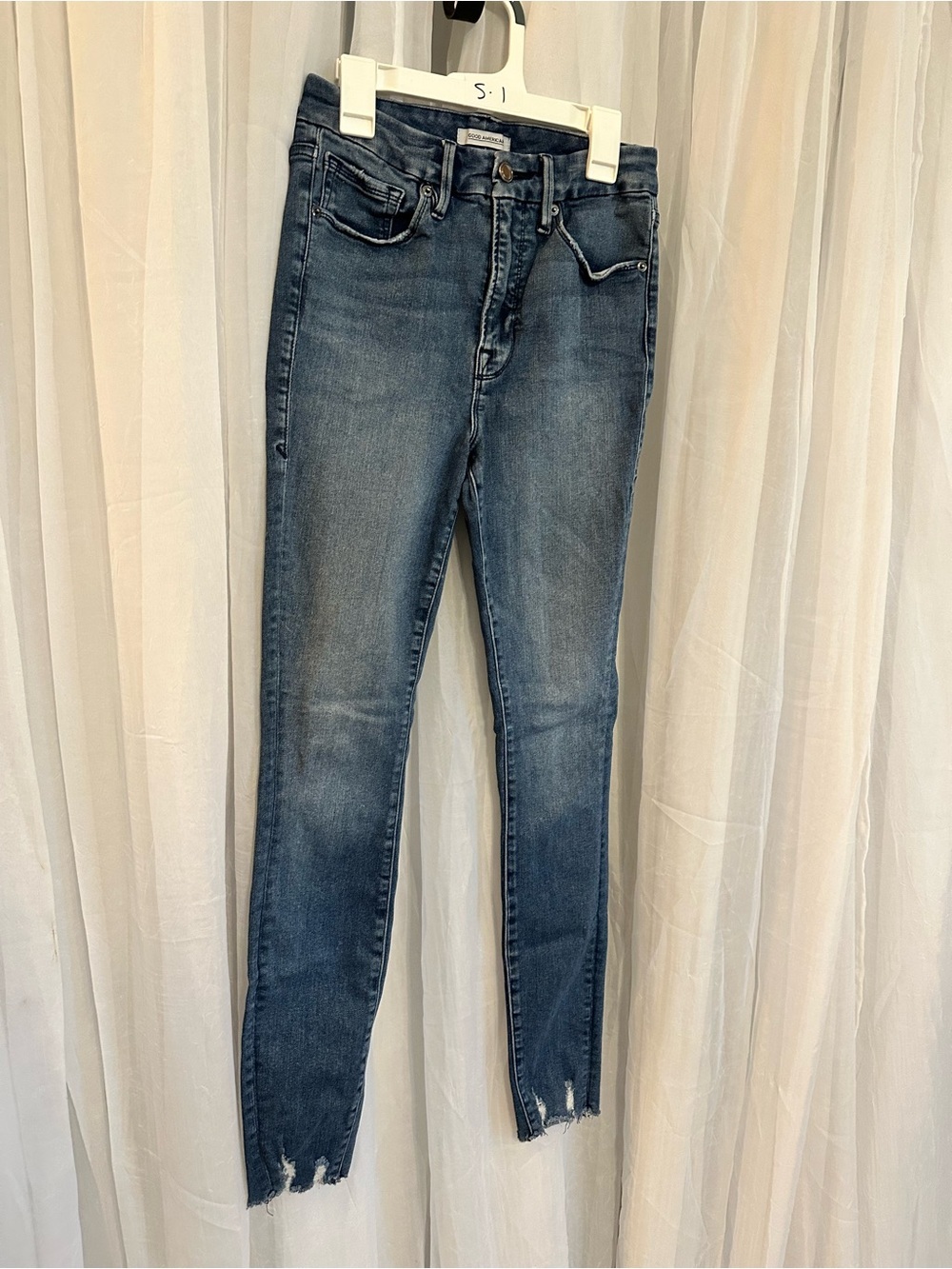 Good American Good Waist Skinny Blue Women's Jeans with Raw Hem